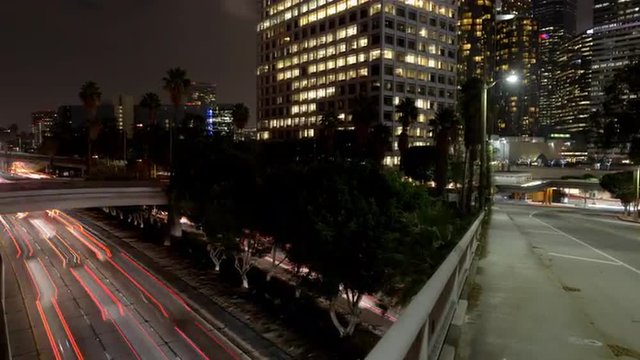 Time Lapse Pan - Overhead View of Traffic on Busy 10 Freeway in Downtown Los Angeles California