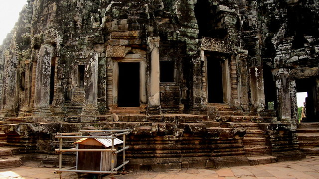 Pan Down of Remains of Ancient Temple Ruins  - Angkor Wat Temple Complex, Cambodia