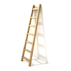Wooden ladder, near white wall. 3D render illustration isolated