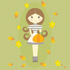 Autumn Girl Holding Pumpkin Fall Symbols Leaves Vector