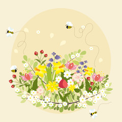 Spring Flowers Lovely Beautiful Bee Cartoon Vector Illustration