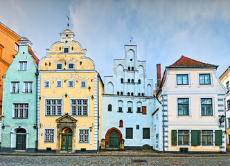 Famous medieval buildings in old Riga city, Latvia, Europe - obrazy, fototapety, plakaty