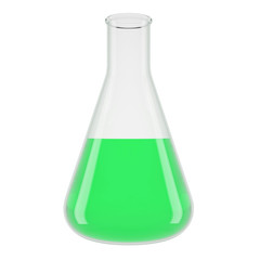 Chemical laboratory transparent flasks with green liquid