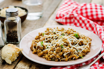 mushroom and barley stew with cheese on a dark