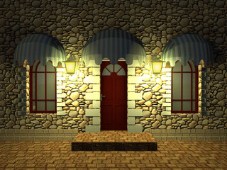 Fototapeta premium Front door of an old building and the windows under canopies of