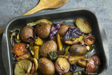 tray baked potatoes, and vegetables