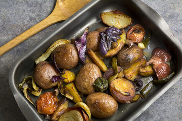 tray baked potatoes, and vegetables