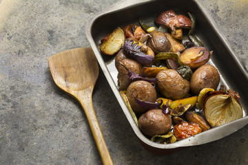 tray baked potatoes, and vegetables