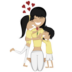 A cute black haired girl and boy surprise their mom.