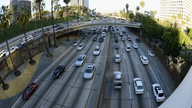 Time Lapse Of Rush Hour Traffic In Downtown Los Angeles During Sunset