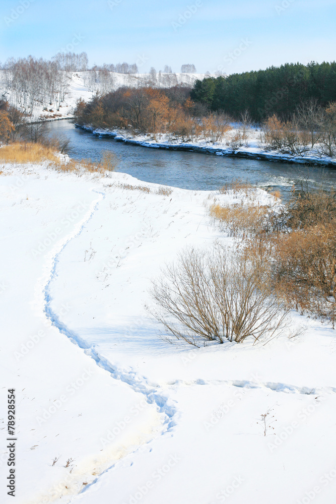 Sticker winter landscape with river