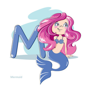 Cartoons Alphabet - Letter M with funny Mermaid