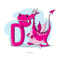 Cartoons Alphabet - Letter D with funny Dragon