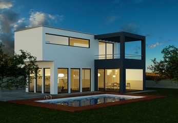 modernes Einfamilienhaus abends
