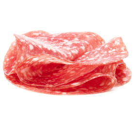 Salami sausage slices isolated on white background cutout