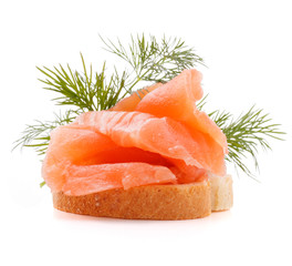 sandwich or canape with salmon on white background  cutout