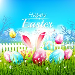 Sweet Easter greeting card with colorful eggs in the grass