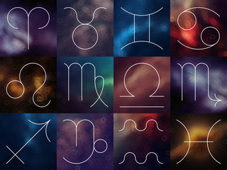 Zodiac signs. White thin line astrological symbols on blurry col