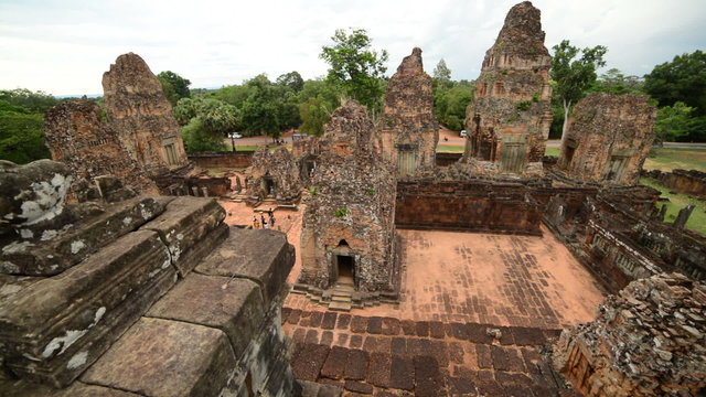 Pan of Ancient Temple Remains from Above - Angkor Wat Temple Cambodia