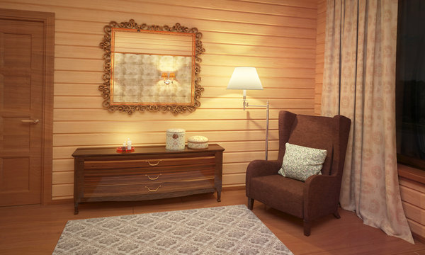 Ночной рендер уютного кресла в деревянном доме
