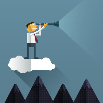 Businessman on cloud and looking with telescope