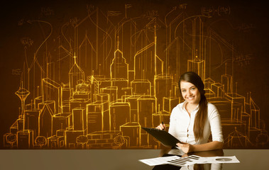 Businesswoman with buildings and numbers