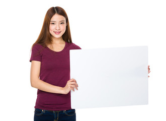Young woman show with white board