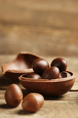 Chocolate Easter Eggs on wooden background