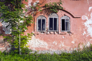 three historical derelict manor ruins windows and wall