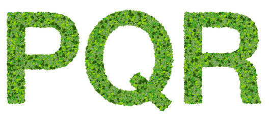 P Q R alphabet letters made from green leaves isolated on white.