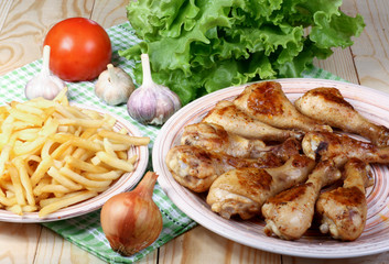 lunch fried chicken and potatoes with vegetables