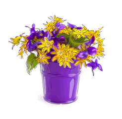 Small bouquet with meadow flowers in a bucket.