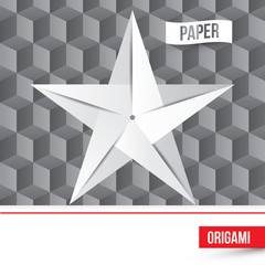 Vector paper origami star icon on 3d cube background.