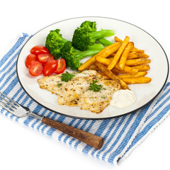 Fried Catfish fillet with vegetables on white background