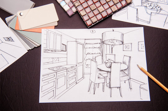 interior sketches, bedroom, living room, kitchen.