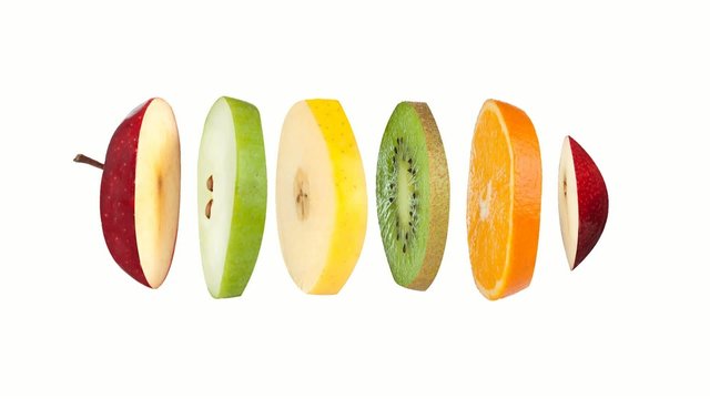 Fruits tranch&eacute;s anim&eacute;s sur fond blanc