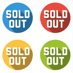 Collection of 4 isolated flat colorful buttons for sold out