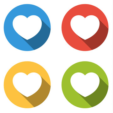 Collection of 4 isolated flat colorful buttons for heart / like