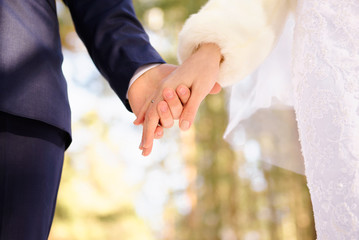 Just married couple holding hands outdoors