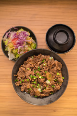 Set of gyudon : japanese food with beef and rice