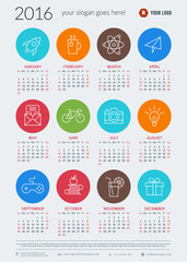 Calendar 2016. Week starts Sunday