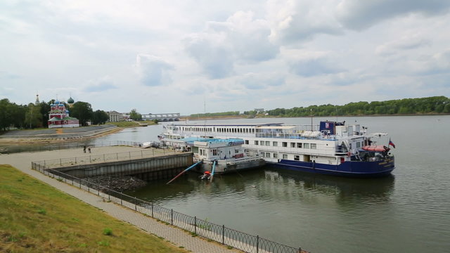 Passenger cruise ship at the pier in Uglich on the Volga River i