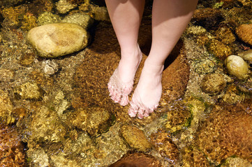Female feet standing in water