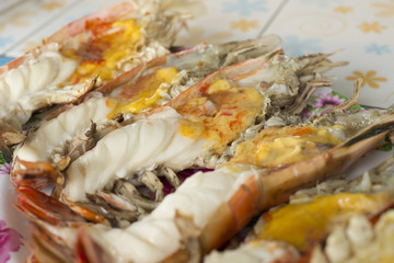 Grilled giant river prawn on dish.