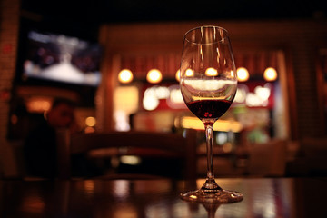 glass with red wine, tasting, restaurant