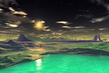 3D rendered fantasy alien planet. Rocks and lake