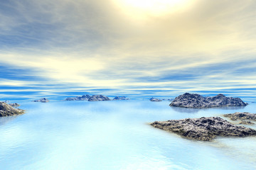 3D rendered fantasy alien planet. Rocks and lake