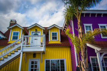 Colorful buildings and palm tree in Long Beach, California.
