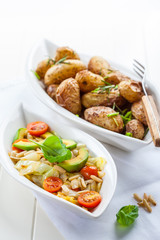 Cabbage salad with avocado and oven potatoes