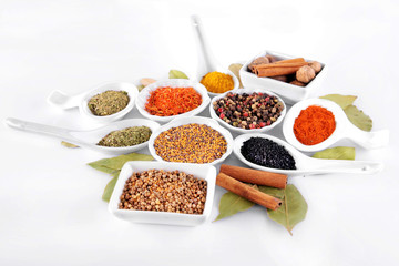Different kinds of spices in ceramics bowls and spoons isolated